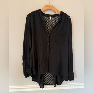 Free people black lace style see thru back button down long sleeve shirt. S